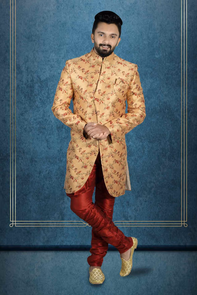 Curvy hem cut Peach Base Red Jaquard Sherwani — view 1 of 6