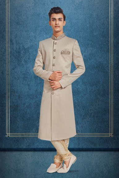 Dusty White & Gold Printed Silky Jacquard Sherwani — rent in Coimbatore