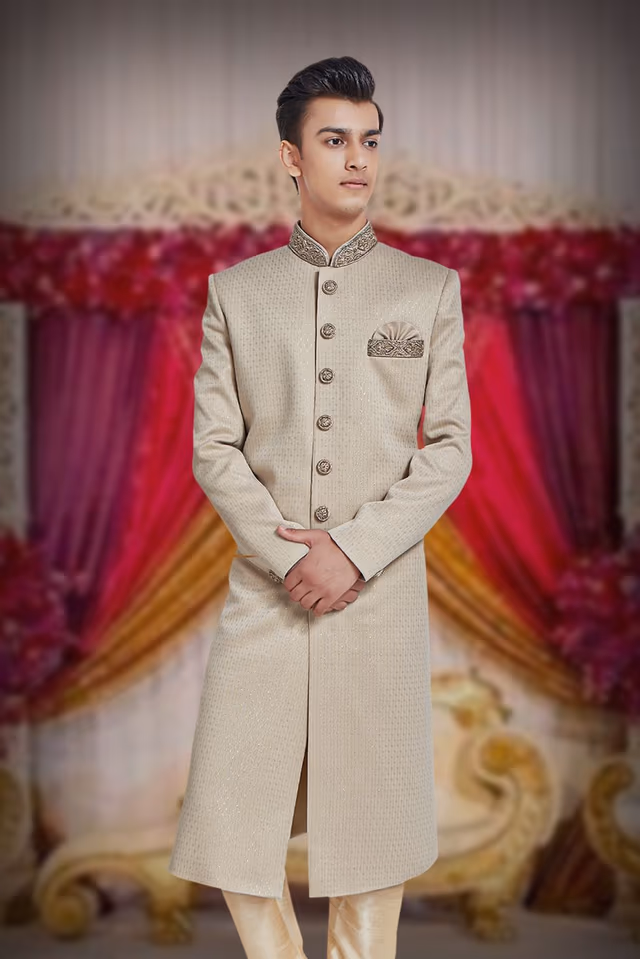 Dusty White & Gold Printed Silky Jacquard Sherwani — back view, rent in Coimbatore