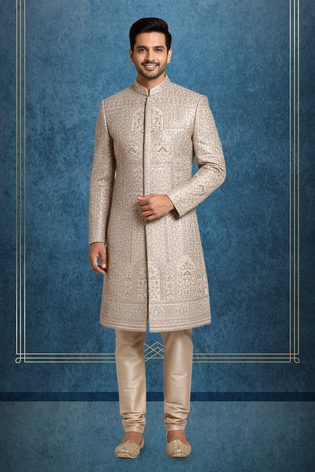 Exquisite Cream Sherwani Features Intricate Hand Embroidery And Elegant Patterns — rent in Calicut