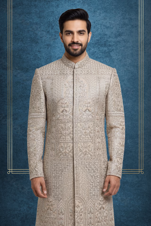 Exquisite Cream Sherwani Features Intricate Hand Embroidery And Elegant Patterns — back view, rent in Calicut
