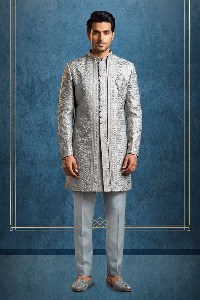 Exquisite Grey Sherwani Featuring Vintage Metallic Buttons Paired With A Luxurious Intricately… — rent in Calicut