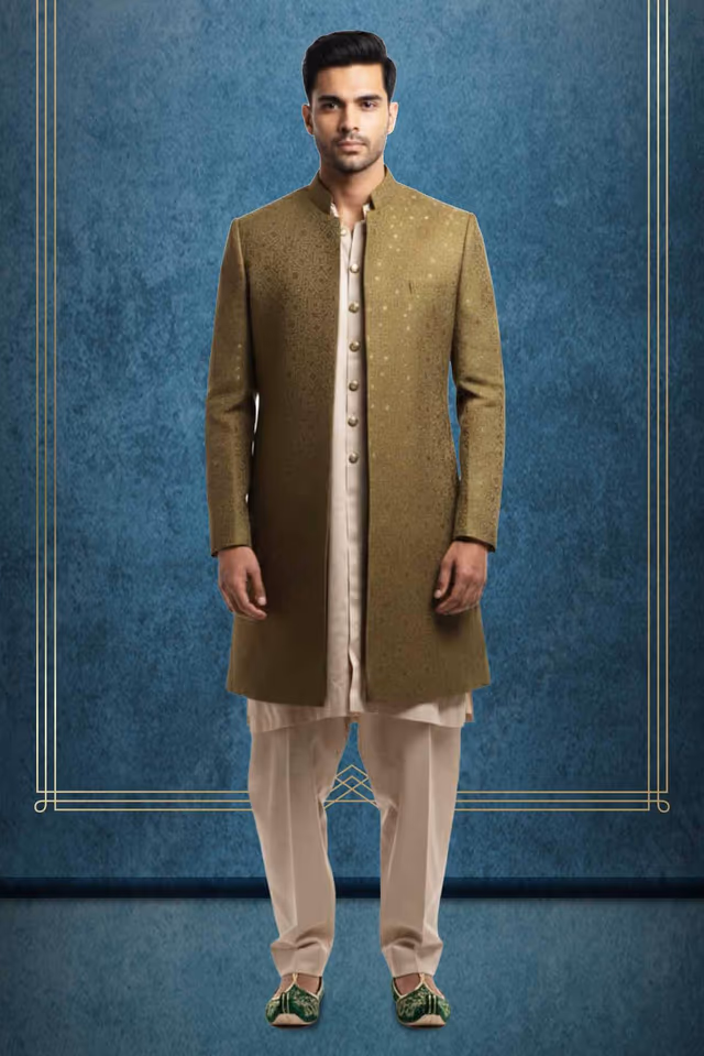Fern Green 2 Pc Sherwani With Off White Inner Kurtha And Pyjama Pant — rent in Calicut