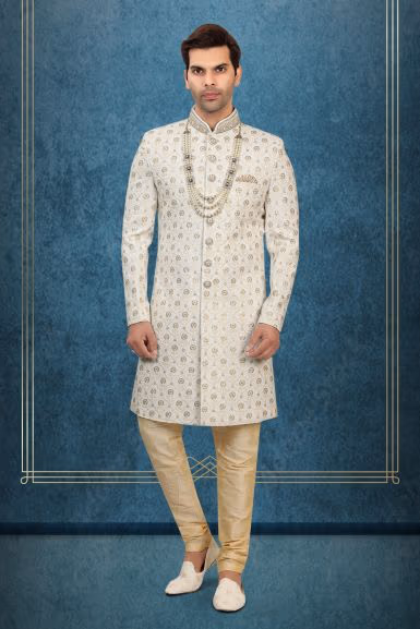 Gold Floral Embroidered Silk Sherwani — rent in Coimbatore