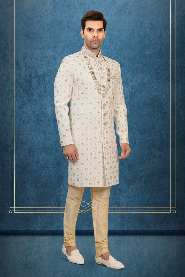 Gold Floral Embroidered Silk Sherwani — back view, rent in Coimbatore