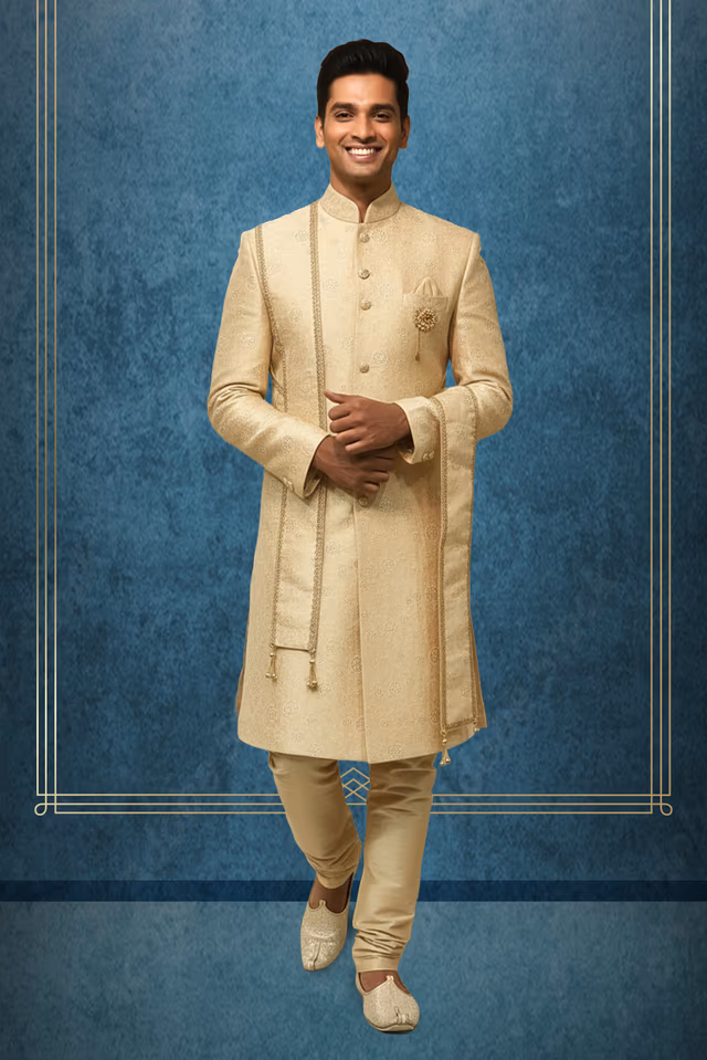 Golden Beige Sherwani with Shawl — rent in Coimbatore