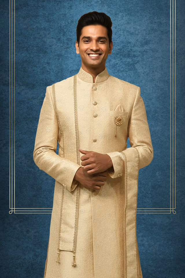 Golden Beige Sherwani with Shawl — back view, rent in Coimbatore
