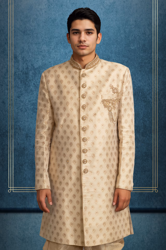 Golden Ivory Sherwani, Embellishment Set On The Neckline And Buttons. Paired Up With Raw… — back view, rent in Bangalore