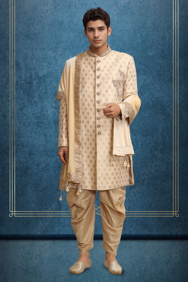 Golden Ivory Sherwani, Embellishment Set On The Neckline And Buttons. Paired Up With Raw Silk Fused… — rent in Bangalore