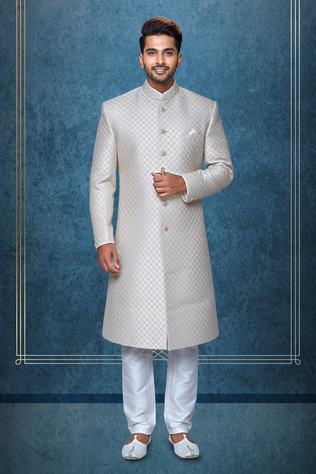 Golden sherwani with Rasham work — rent in Bangalore