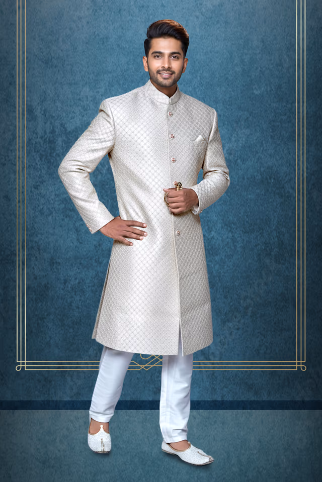 Golden sherwani with Rasham work — back view, rent in Bangalore