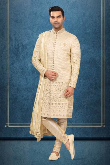 Golden Zari Embroidered Sherwani with Dupatta — rent in Coimbatore