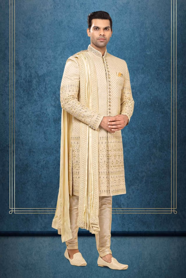 Golden Zari Embroidered Sherwani with Dupatta — back view, rent in Coimbatore