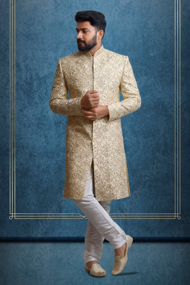 Grand Designer Sherwani — back view, rent in Bangalore