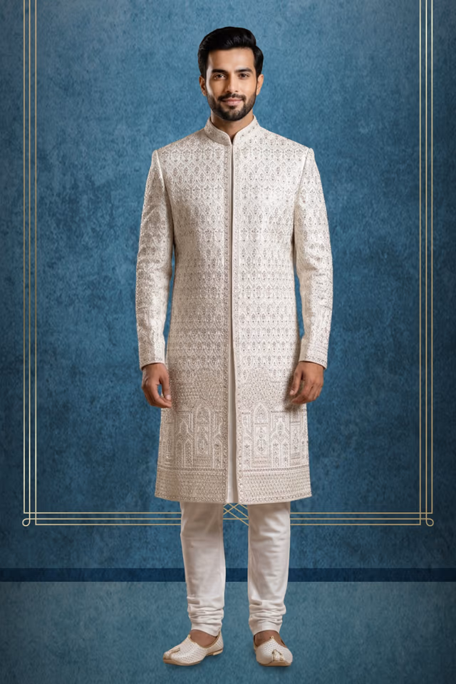 Grand Ivory Sherwani with Zari Work and Architectura Border Detailing — rent in Kochi