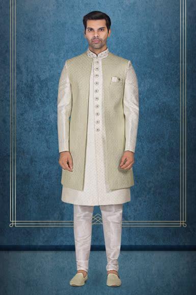 Green Textured Jacket Over An Ivory Kurta With Delicate Silver Embellishments Jacket Sherwani — rent in Coimbatore