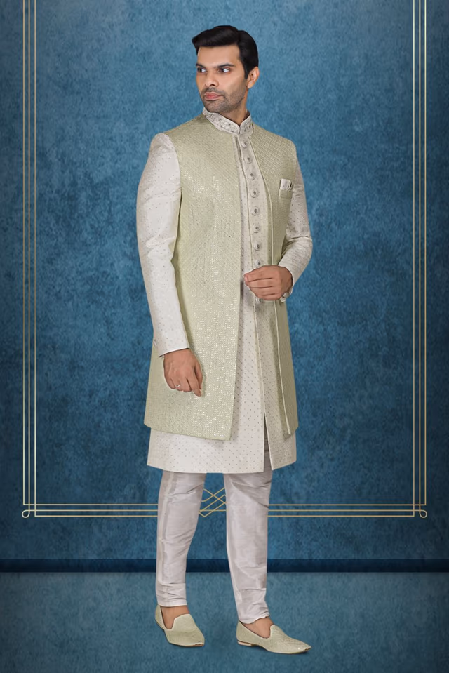 Green Textured Jacket Over An Ivory Kurta With Delicate Silver Embellishments Jacket Sherwani — back view, rent in Coimbatore