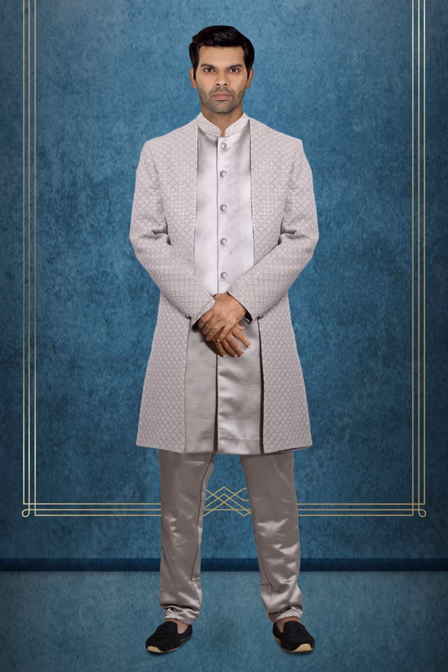 Grey Colour Jaquard Textured 2 pc Sherwani with Heavy Outer Jacket And Plain Inner Kurtha — rent in Calicut