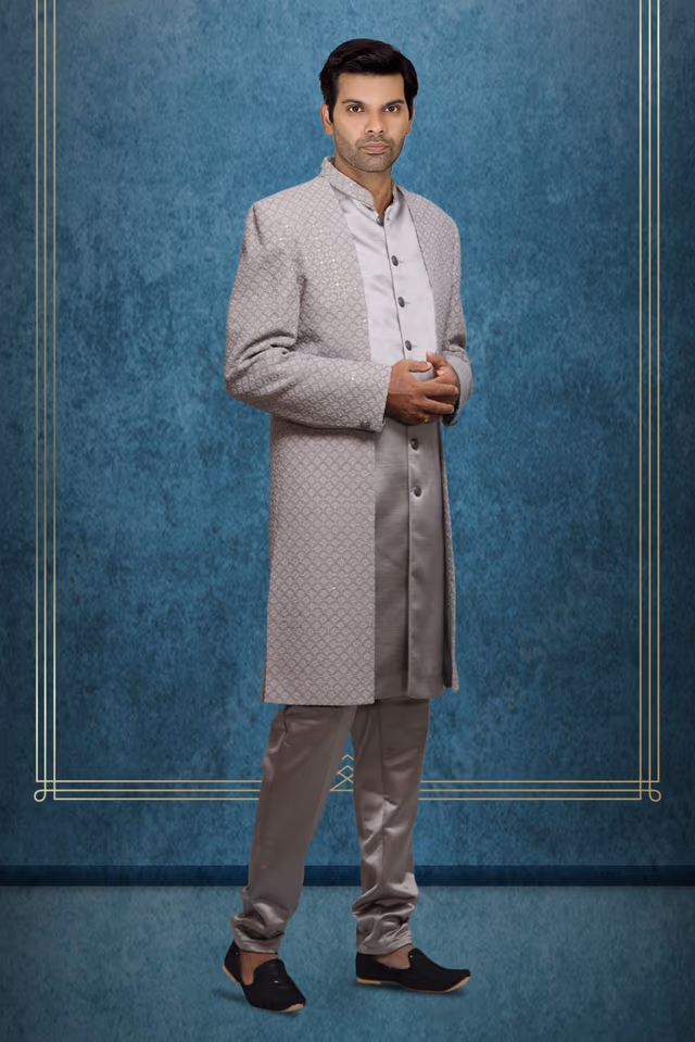 Grey Colour Jaquard Textured 2 pc Sherwani with Heavy Outer Jacket And Plain Inner Kurtha — back view, rent in Calicut