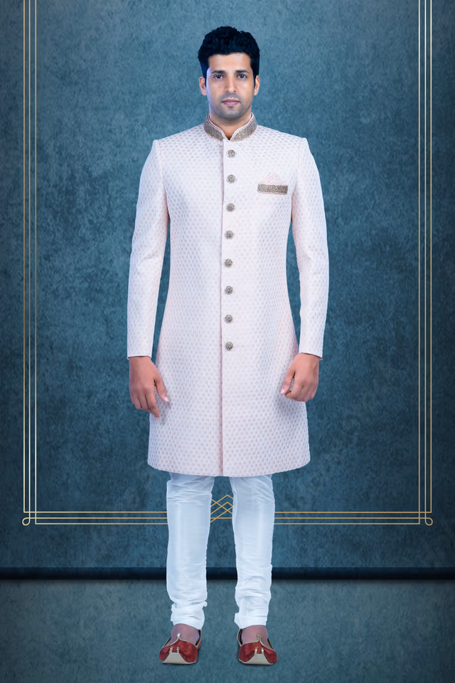 Hand-Stone Lakhnawi Fabric In Baby pink Sherwani — rent in Calicut
