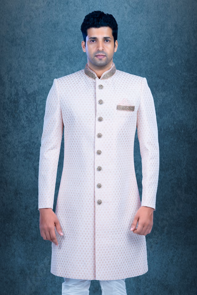 Hand-Stone Lakhnawi Fabric In Baby pink Sherwani — back view, rent in Calicut