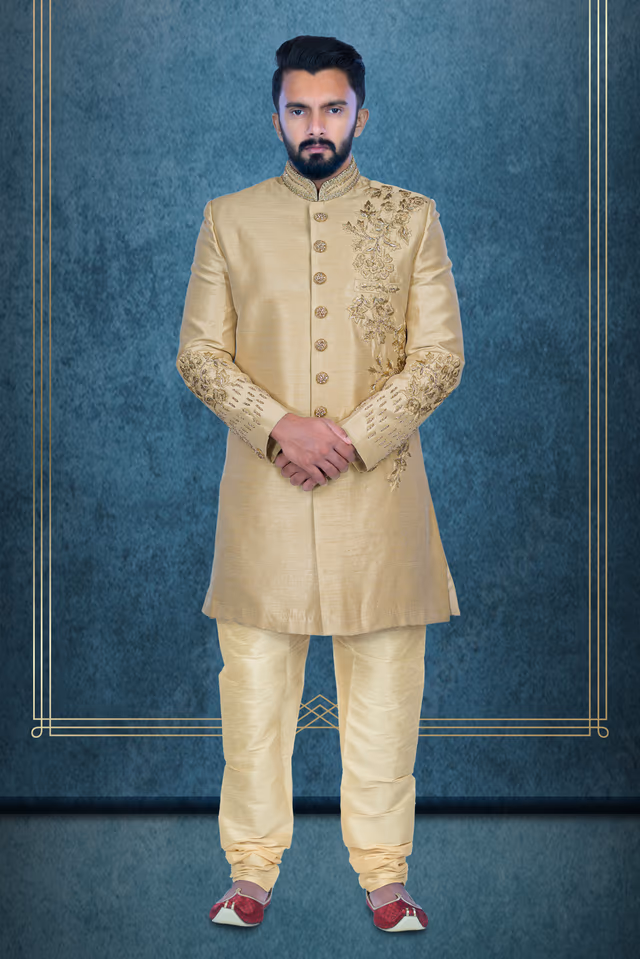Hand Zarkan Embroidered Raw Silk In Beige   Sherwani — view 1 of 5