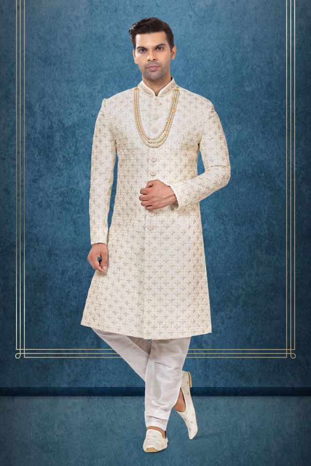Elegant Ivory Sherwani With Golden Embroidery — rent in Coimbatore