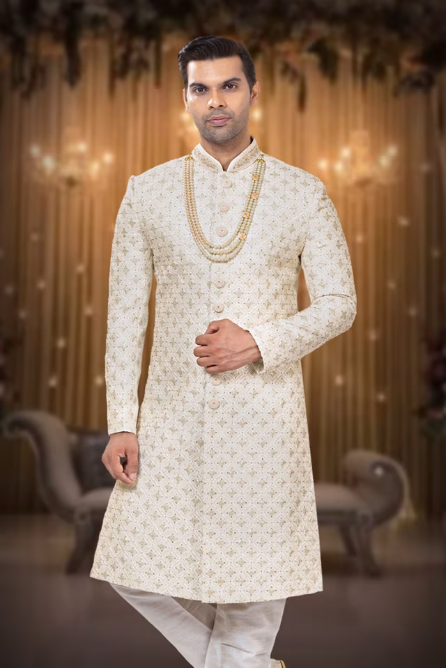 Elegant Ivory Sherwani With Golden Embroidery — back view, rent in Coimbatore