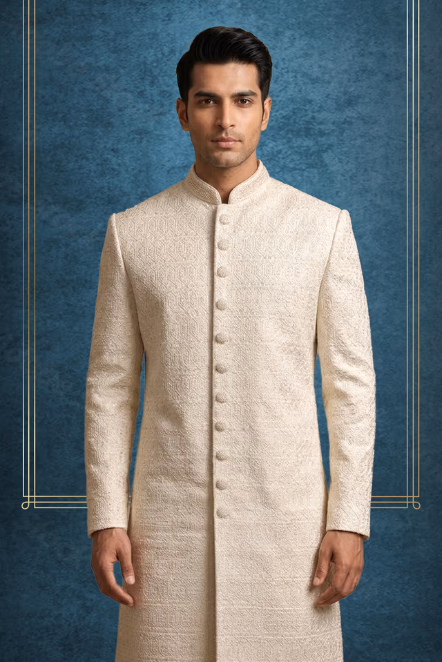 Elegant Ivory Sherwani with Intricate Embroidery and Timeless Regal Wedding Appeal — back view, rent in Bangalore