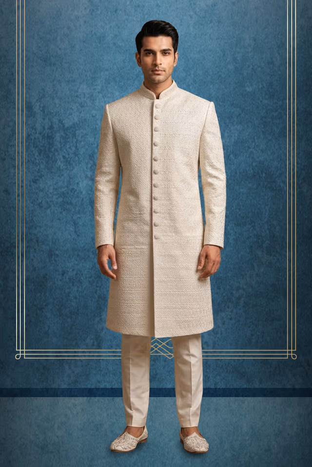 Elegant Ivory Sherwani with Intricate Embroidery and Timeless Regal Wedding Appeal — rent in Bangalore