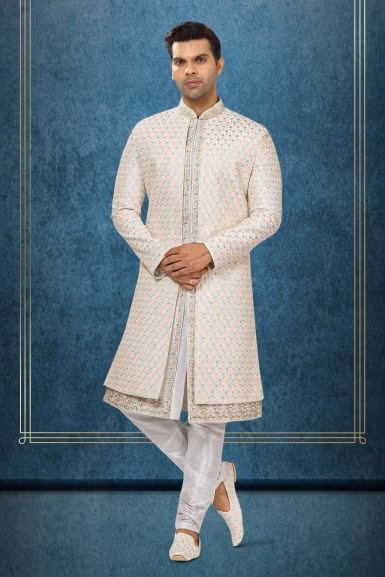 Ivory Pastel Embroidered Sherwani — rent in Coimbatore