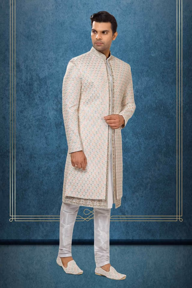 Ivory Pastel Embroidered Sherwani — back view, rent in Coimbatore