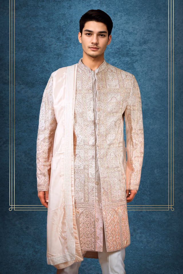 Ivory & Peach Ombre Colored Sherwani — back view, rent in Bangalore