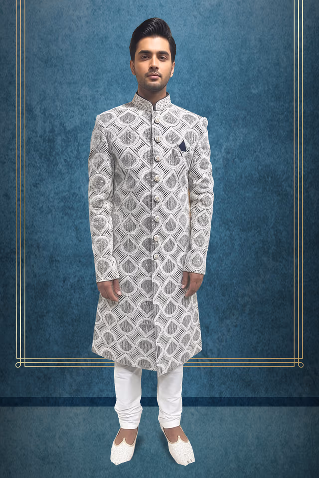 Ivory Pearl Geometric Jacquard Designer Sherwani Set — rent in Coimbatore