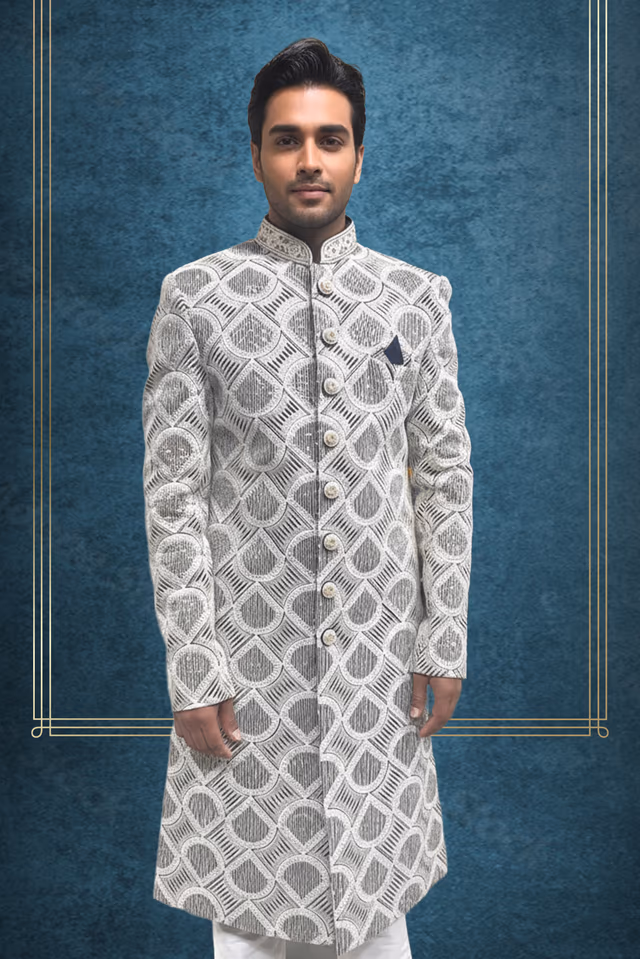 Ivory Pearl Geometric Jacquard Designer Sherwani Set — back view, rent in Coimbatore