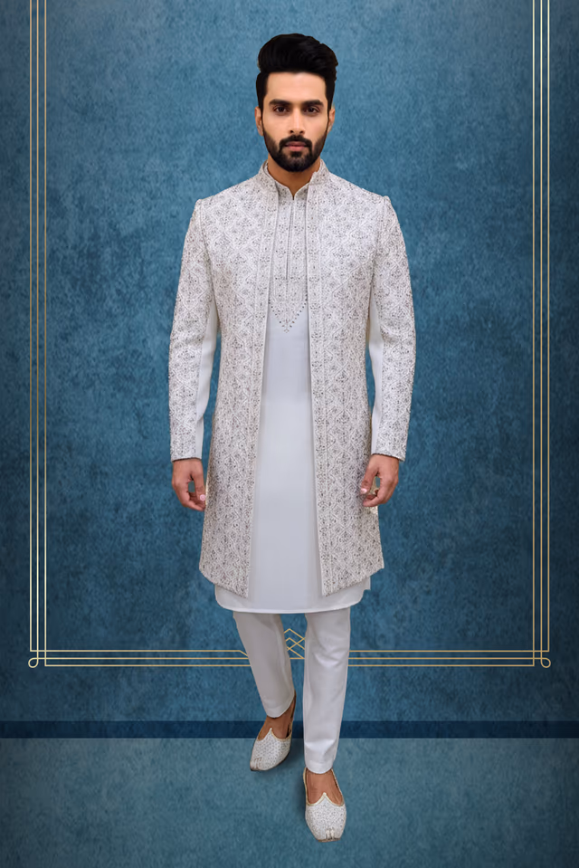 Ivory Raw Silk Indo-Western Sherwani with Crimson Thread Work and Detailed Placket Kurta — rent in Bangalore