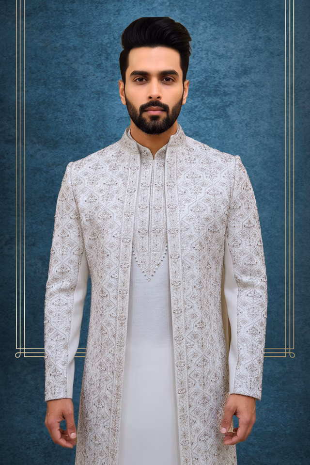 Ivory Raw Silk Indo-Western Sherwani with Crimson Thread Work and Detailed Placket Kurta — back view, rent in Bangalore