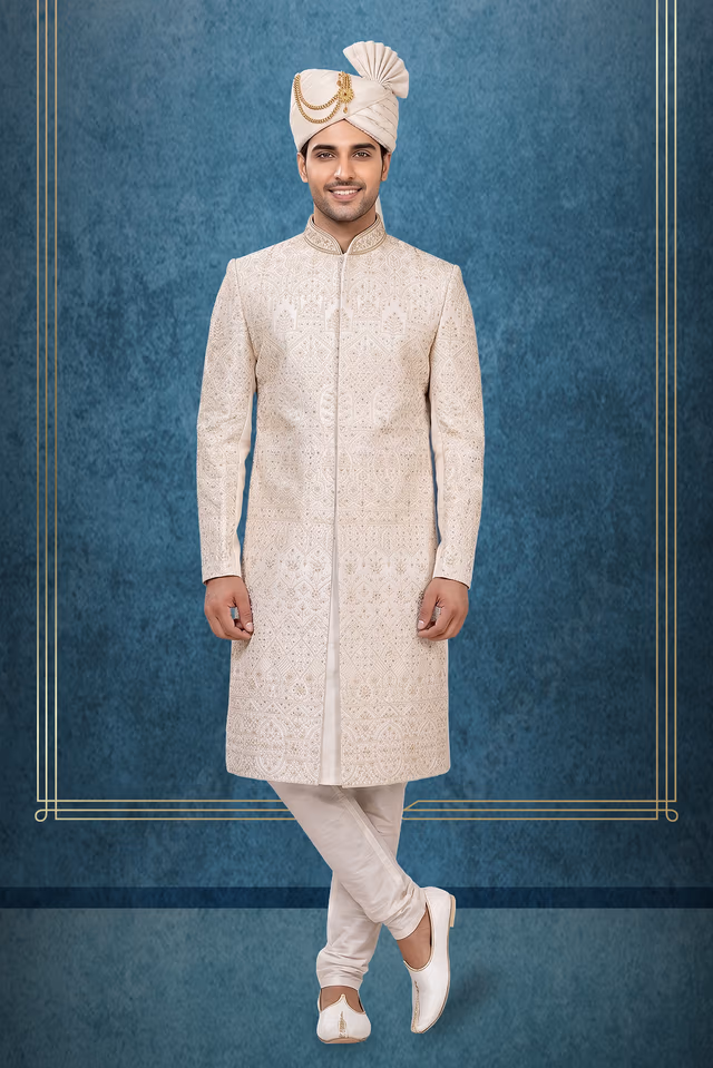 Ivory White Embroidered Sherwani — rent in Kochi
