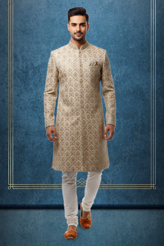 Light Green Grooms Sherwani  With Golden Embellished Buttons — rent in Calicut