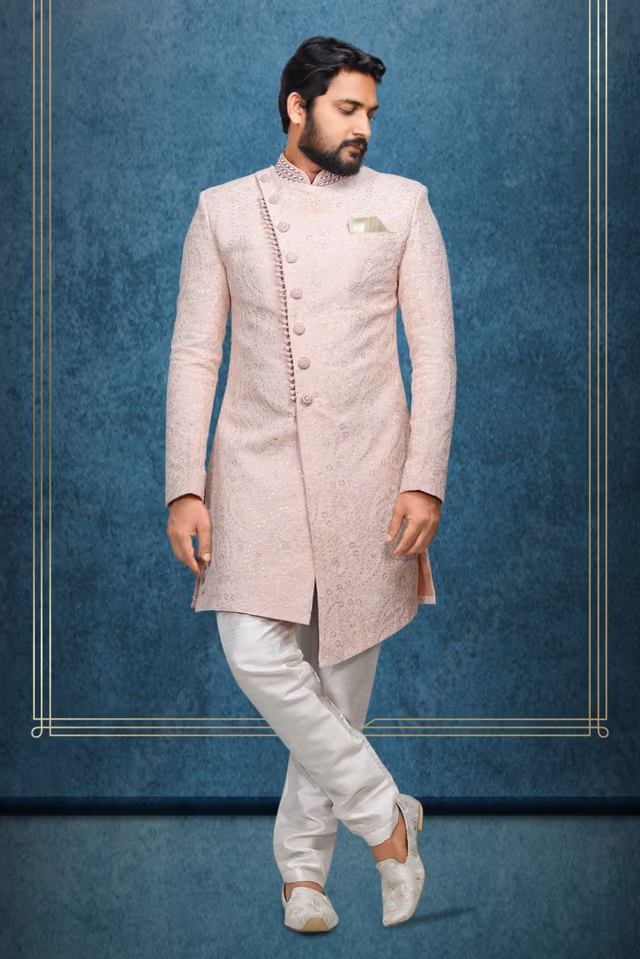 Light Pink Textured  Indowestern With Heavy Detailing — back view, rent in Calicut