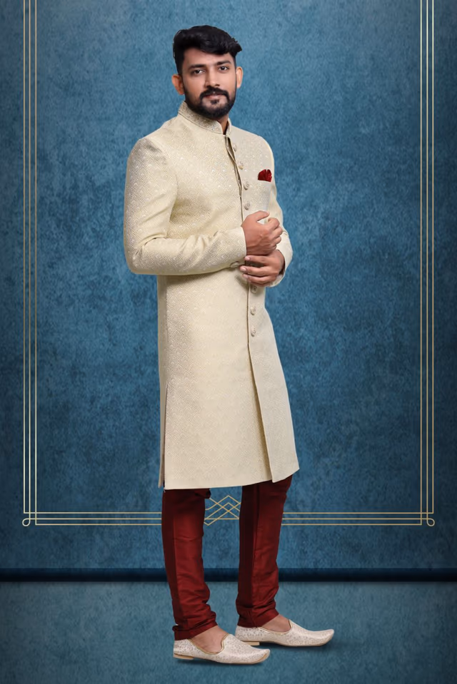 Light Sea Green Luxurious Classic Sherwani — back view, rent in Bangalore