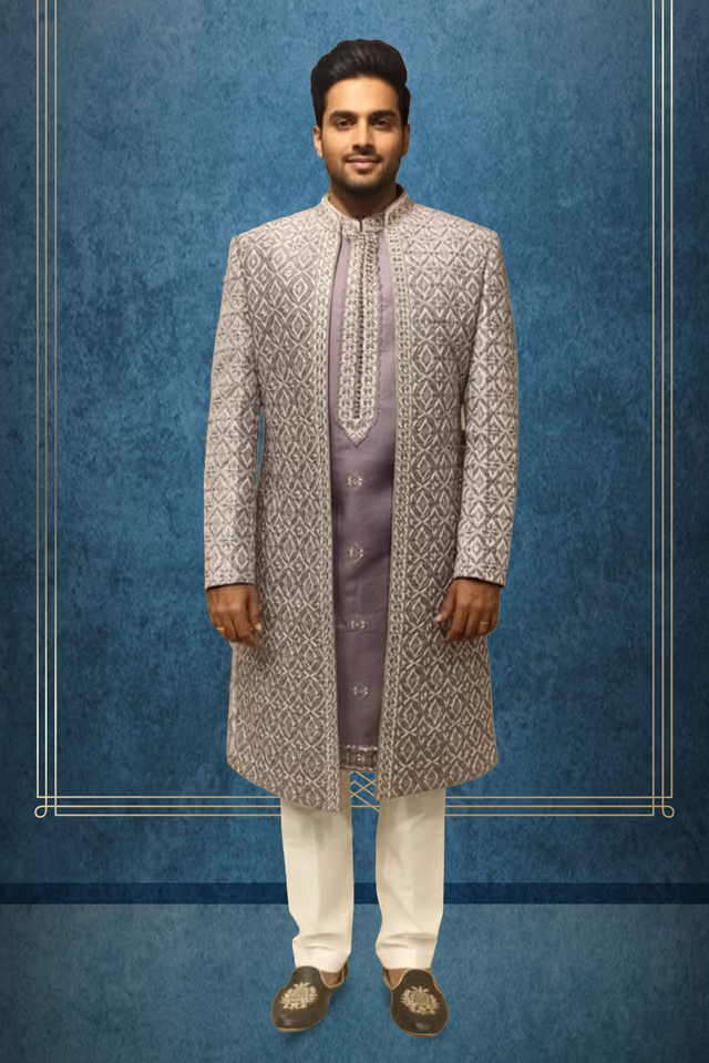 Lilac colour Heavy Embroiderd Double Layer sherwani — rent in Coimbatore
