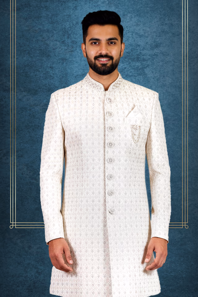 Long Line Ivory Royal Sherwani — back view, rent in Bangalore
