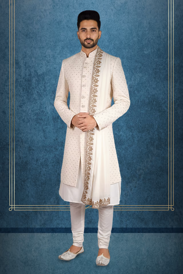 Maharaja Ivory Sherwani Paired With a Classic Ivory Kurta — rent in Bangalore