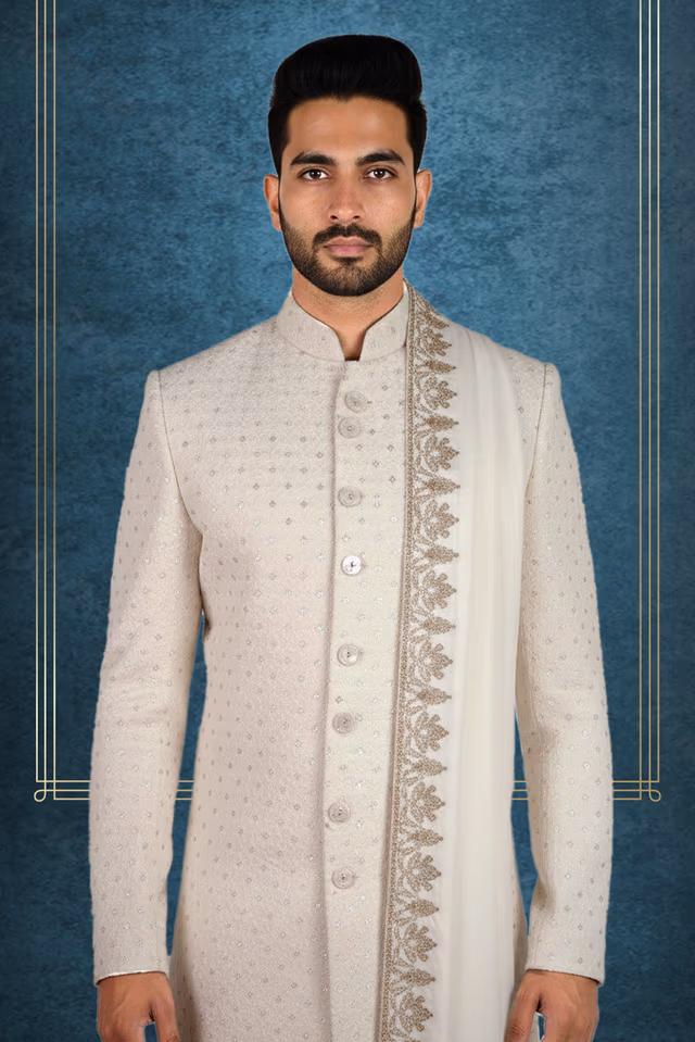 Maharaja Ivory Sherwani Paired With a Classic Ivory Kurta — back view, rent in Bangalore