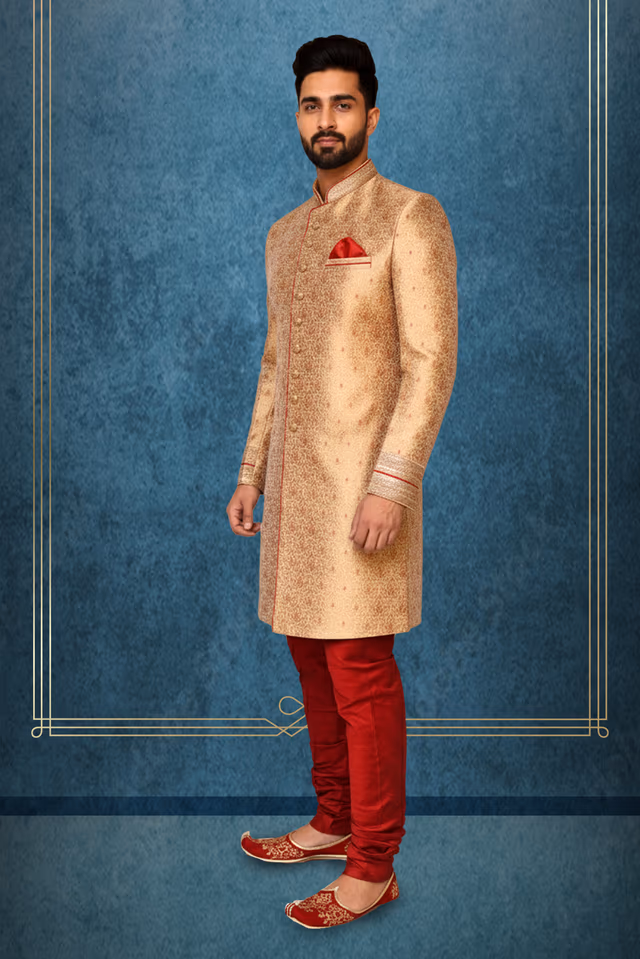 Marie gold sherwani with a minimal work — back view, rent in Bangalore
