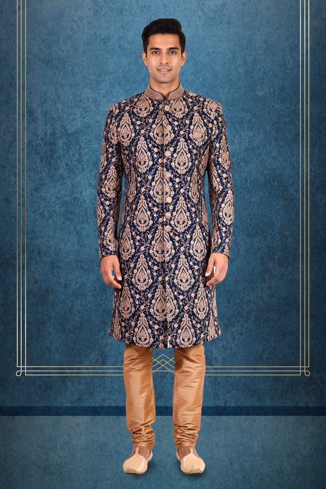 Navy Blue & Gold Brocade Sherwani with Classic Churidar — rent in Bangalore