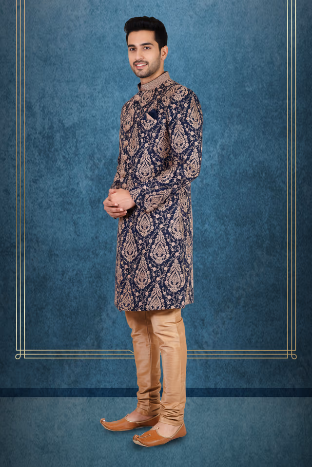 Navy Blue & Gold Brocade Sherwani with Classic Churidar — back view, rent in Bangalore