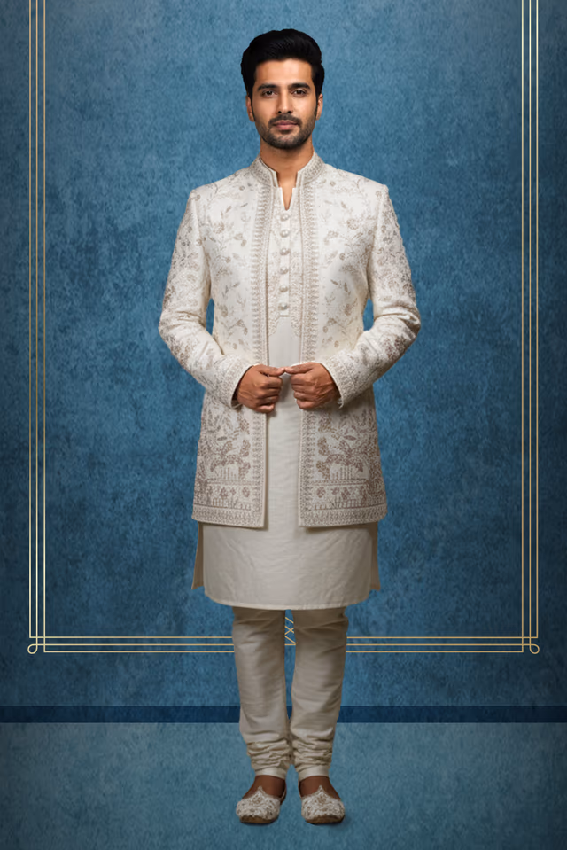 Off White 2 Pc Sherwani With Threadworked Floral Details On Sleeveless Jacket — rent in Calicut