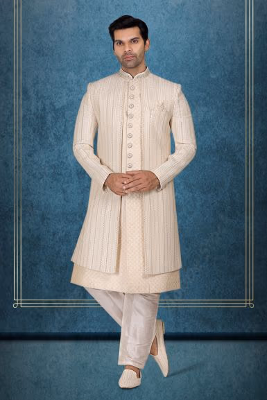 Off-White, Cream And Gold Fascinating Jacket Sherwani — rent in Bangalore